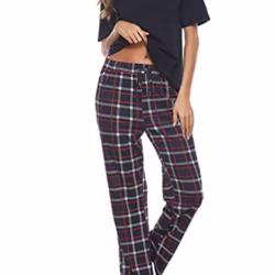 Women Pyjama Set Cotton Checked Short Sleeve Loungewear 2 Pieces V-Neck Top & Bottom Sleepwear Soft Nightwear with Pockets Ladies Pjs Set