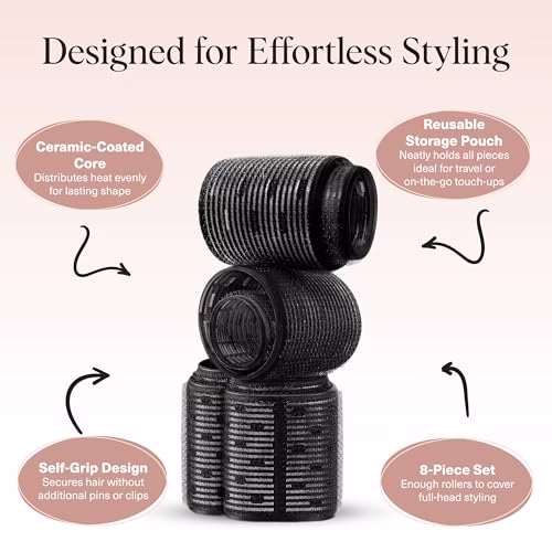 Kitsch Ceramic Thermal Hair Rollers Set 8pcs - Hair Curlers Rollers for Perfect Curls, Hot Rollers kit for long hair, Hair rollers for long hair, Hair Curler & Hair Roller, Ceramic Coated Core, Black - Image 4