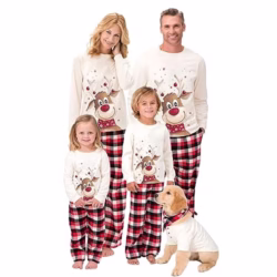 Family Matching Pyjamas Set - Christmas Reindeer Print PJs with Plaid Trousers for Adults, Kids & Pet