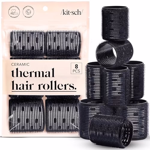 Kitsch Ceramic Thermal Hair Rollers Set 8pcs - Hair Curlers Rollers for Perfect Curls, Hot Rollers kit for long hair, Hair rollers for long hair, Hair Curler & Hair Roller, Ceramic Coated Core, Black
