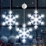 Timer 3Pcs Christmas Window Lights Decorations, Battery Powered Hanging White Lighted Snowflake Shaped LED Sucker for Xmas Lamp Tree Fireplace Indoor Outdoor Decor